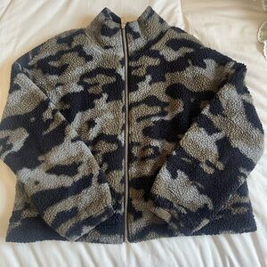 Gray and Black Camo Sherpa Zip-Up Jacket